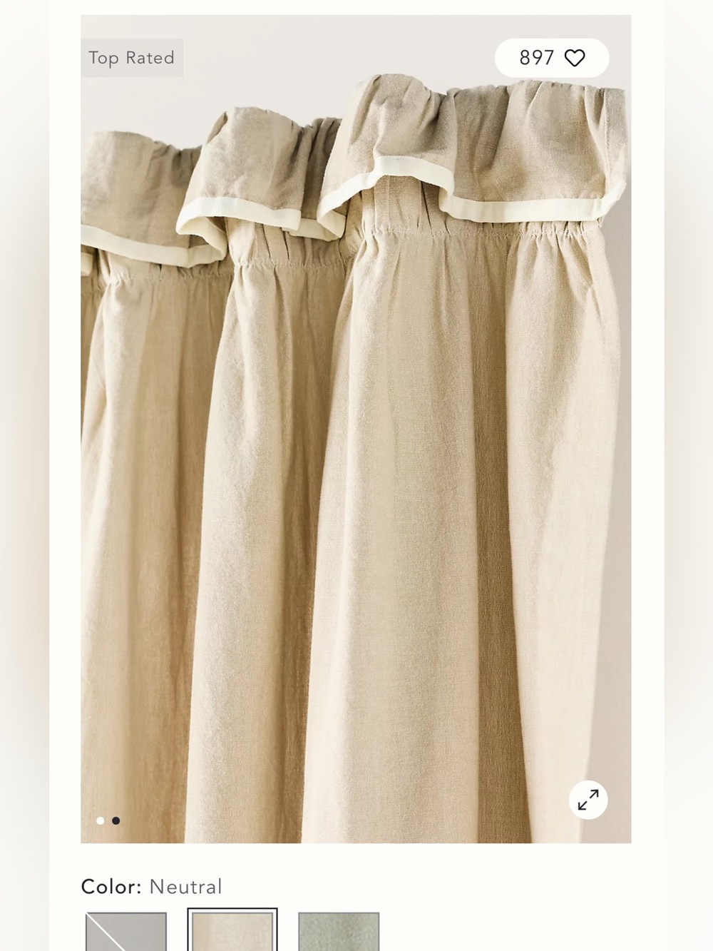 Anthropologie Ruffle Top Curtain Panel Beige Neutral Cotton 96x50 NWOT Unlined